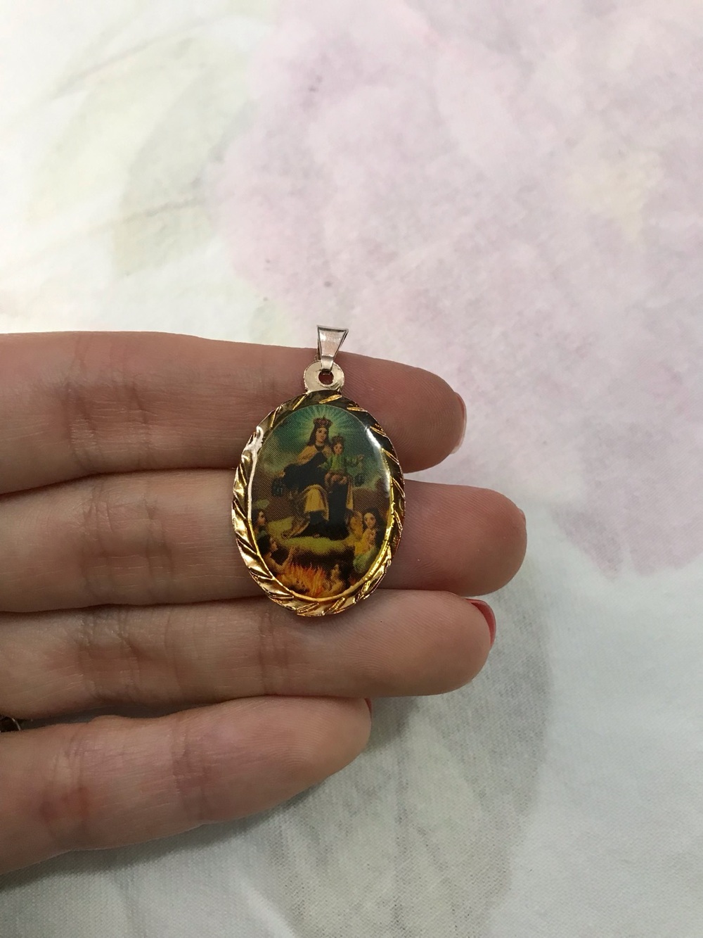 Our Lady of Mount Carmel Gold Tone Oval Medal Gold Tone Pendant